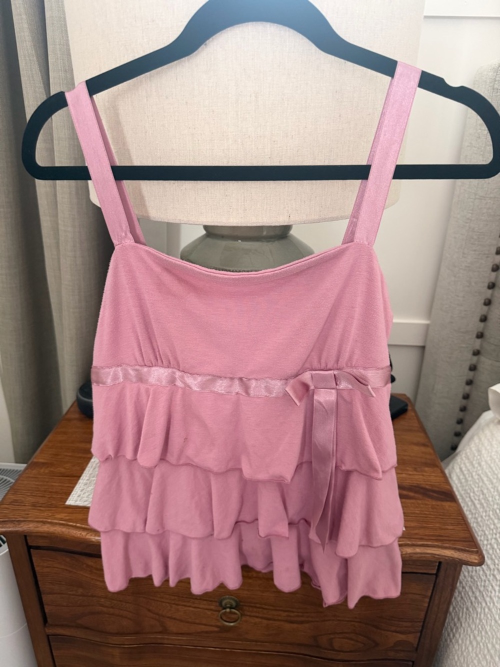 Women’s Pink Tiered Ruffle Cami with Satin Trim